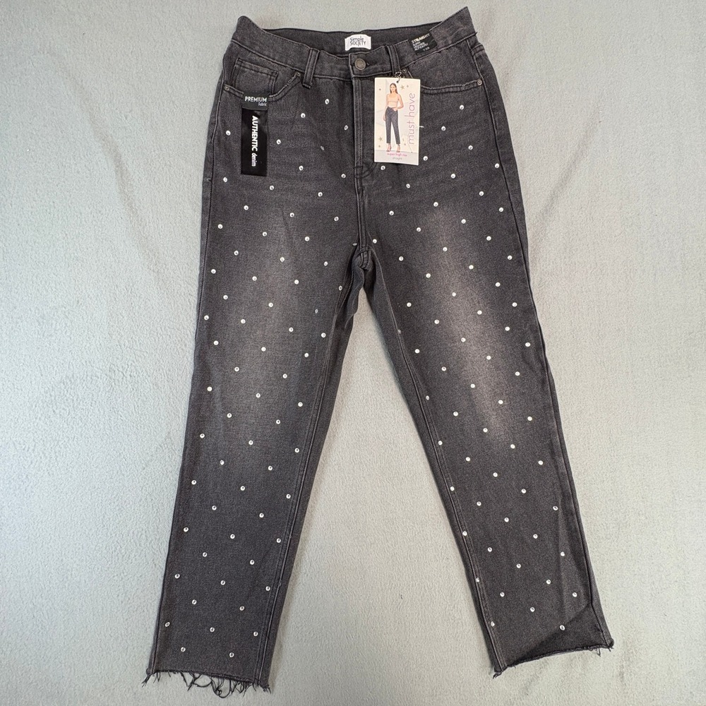 Simple Society Rhinestone Super High Rise Straight Leg Jeans Black 7/28 NWT